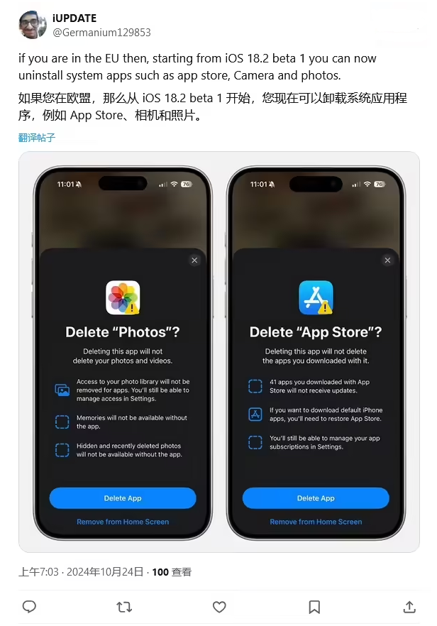 雁塔苹果手机维修分享iOS 18.2 支持删除 App Store 应用商店 